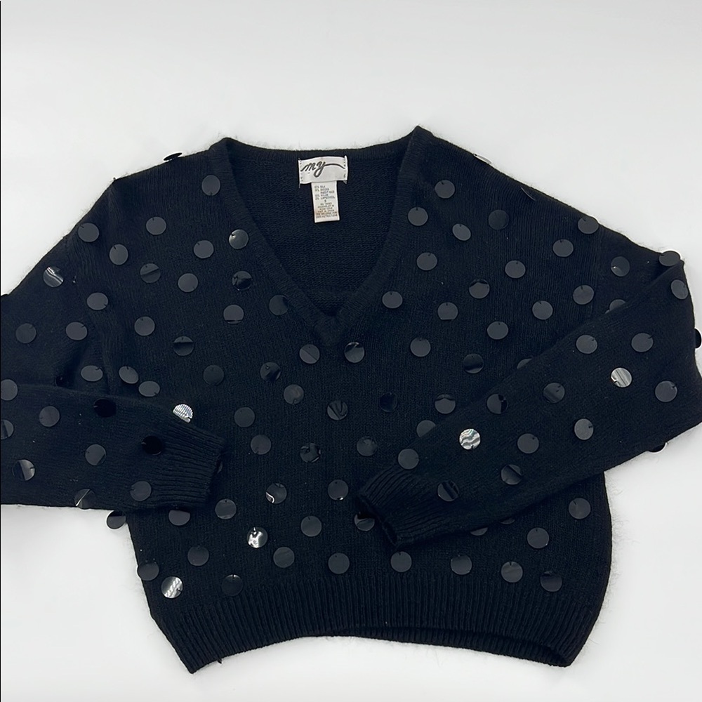 Vintage sweater‎ mixed media Black Polka Dot crewn silk/angora/nylon/lambswool